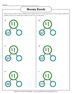 Dollar Money Bonds A (Subtraction) Counting Money Worksheet