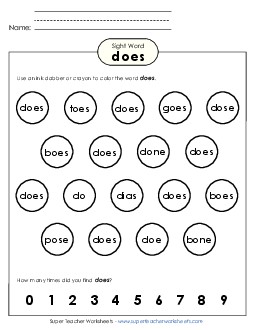 Dab or Color: Does Sight Words Individual Worksheet