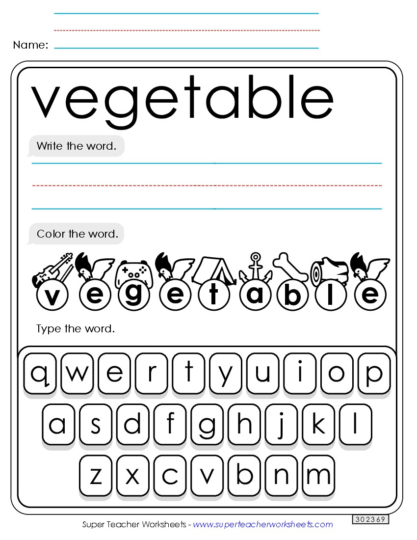 Write, Color, Type: Vegetable Sight Words Individual Worksheet