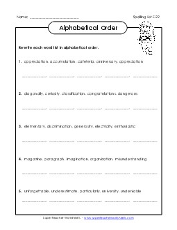 Alphabetical Order (E-22) Spelling E Worksheet