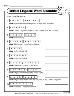 United Kingdom Word Scramble Worksheet