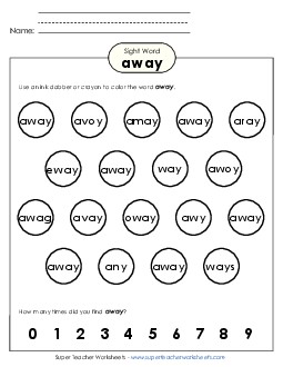 Dab or Color: Away Sight Words Individual Worksheet