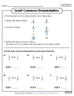 LCD Worksheet with Steps (2 Fractions) Worksheet