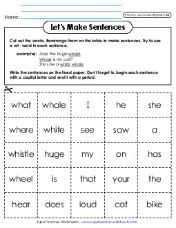 Let\'s Make Sentences (WH Words) Phonics Digraphs Worksheet