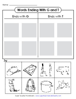 T-Chart: Words Ending with G and T Phonics Final Ending Sounds Worksheet