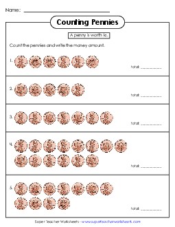 Counting Pennies (USA) Counting Money Worksheet