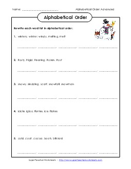 Alphabetical Order (Advanced) Winter Worksheet