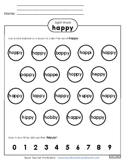 Dab or Color: Happy Sight Words Individual Worksheet