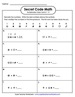 Secret Code Math: Multiplication Basic Facts 0-12 Worksheet