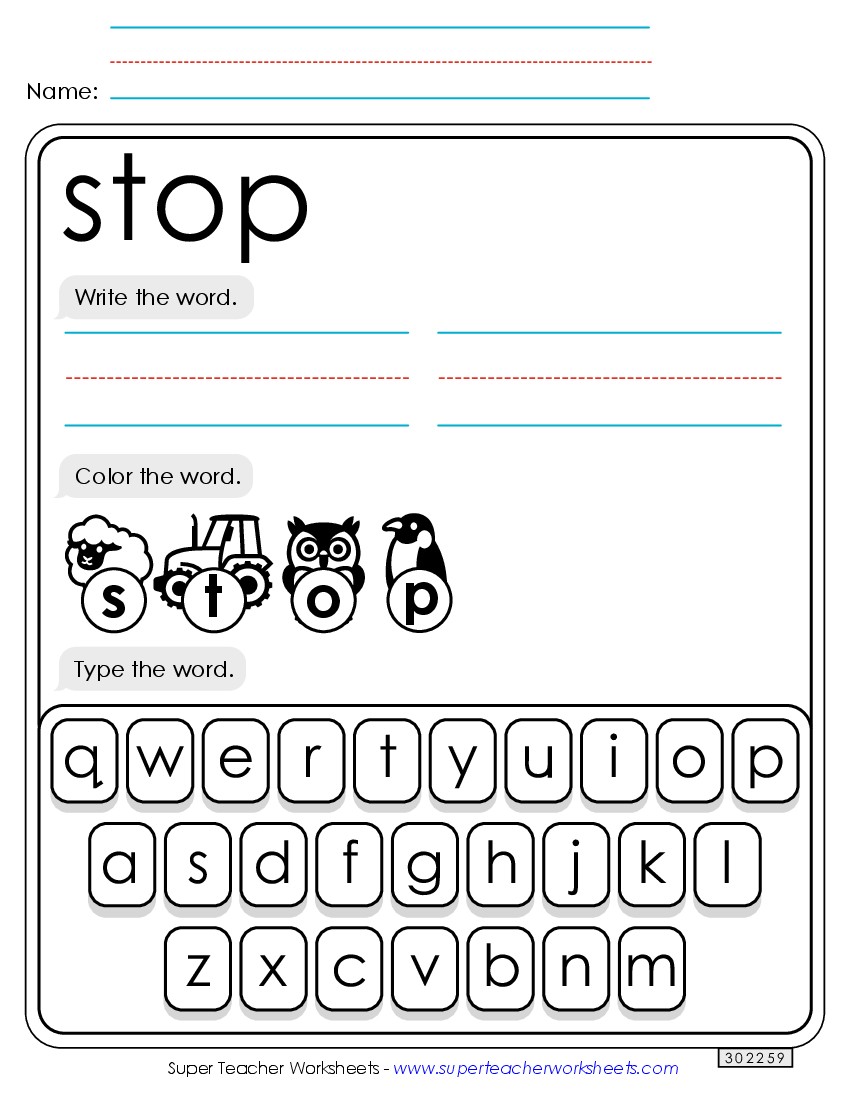 Write, Color, Type: Stop Sight Words Individual Worksheet