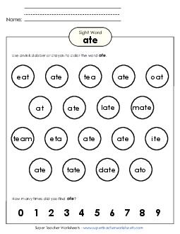 Dab or Color: Ate Sight Words Individual Worksheet