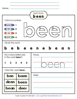 Worksheet 4: Been Sight Words Individual Worksheet