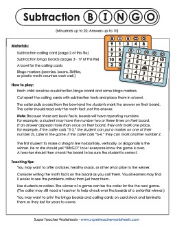 Subtraction Bingo (Minuends up to 20) Worksheet