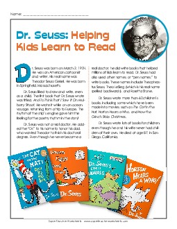 Article: Dr. Seuss Biography 4th Grade Reading Comprehension Worksheet