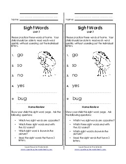 Take-Home List (Unit 7)  Sight Words Worksheet