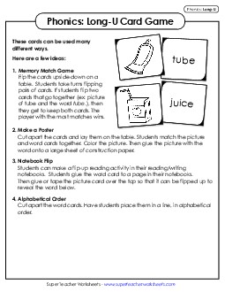 Picture-Word Match Game (Long U Words) Phonics Long Short U Worksheet