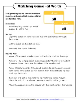 Memory Match Game (-all) Word Families Worksheet