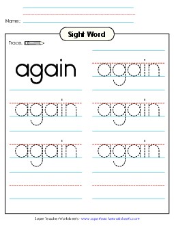 Trace the Word: Again Sight Words Individual Worksheet