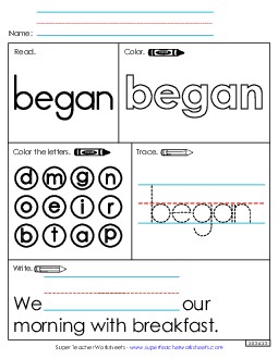 Worksheet 1: Began Free Sight Words Individual Worksheet