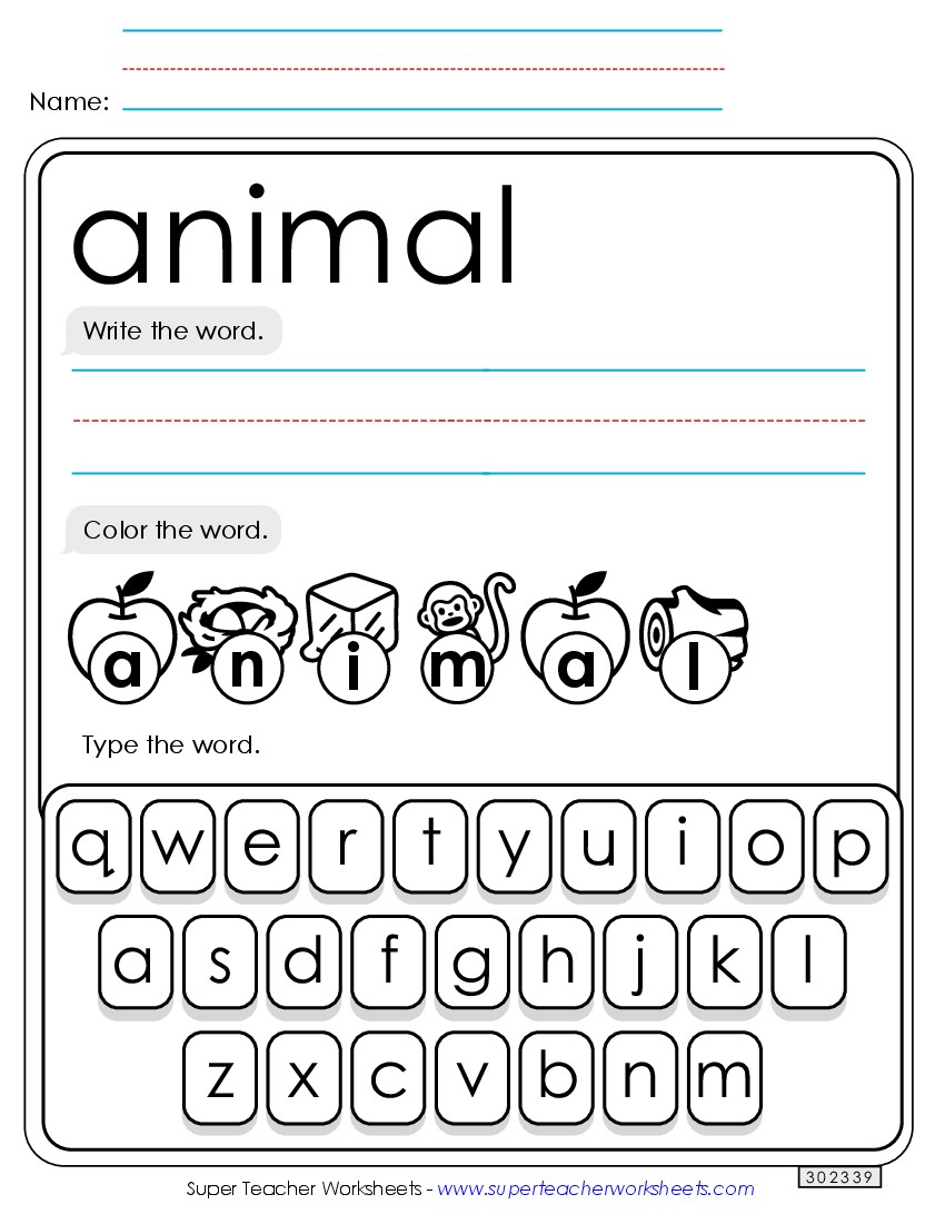 Write, Color, Type: Animal Sight Words Individual Worksheet