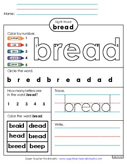 Worksheet 4: Bread Sight Words Individual Worksheet