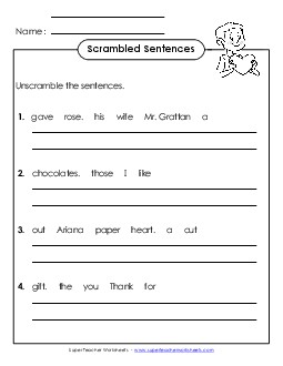 Scrambled Sentences (A-Valentine\'s Day)  Spelling A Worksheet