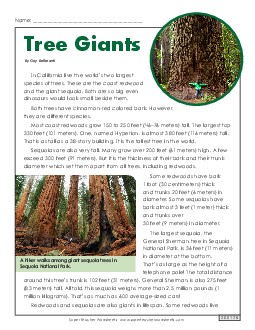 Giant Sequoias and Redwoods 5th Grade Reading Comprehension Worksheet