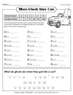 Math Riddle: Ghost Drivers (Roman Numerals) Romannumerals Worksheet