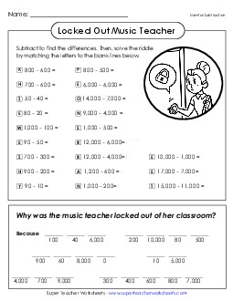 Math Riddle: Locked Out Music Teacher Subtraction Worksheet