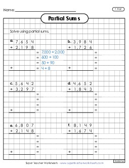 Graph Paper Addition (4-Digit, Partial Sums) Worksheet