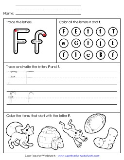 Tracing, Writing, and Recognizing Letter F Alphabet Worksheet