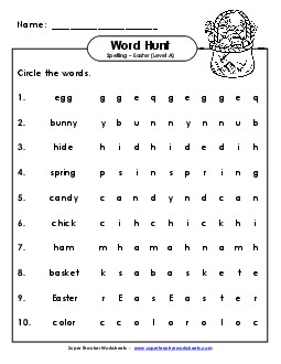 Horizontal Word Hunt (A-Easter) Spelling A Worksheet