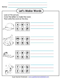 Color the Letters & Write (-ap) Word Families Worksheet