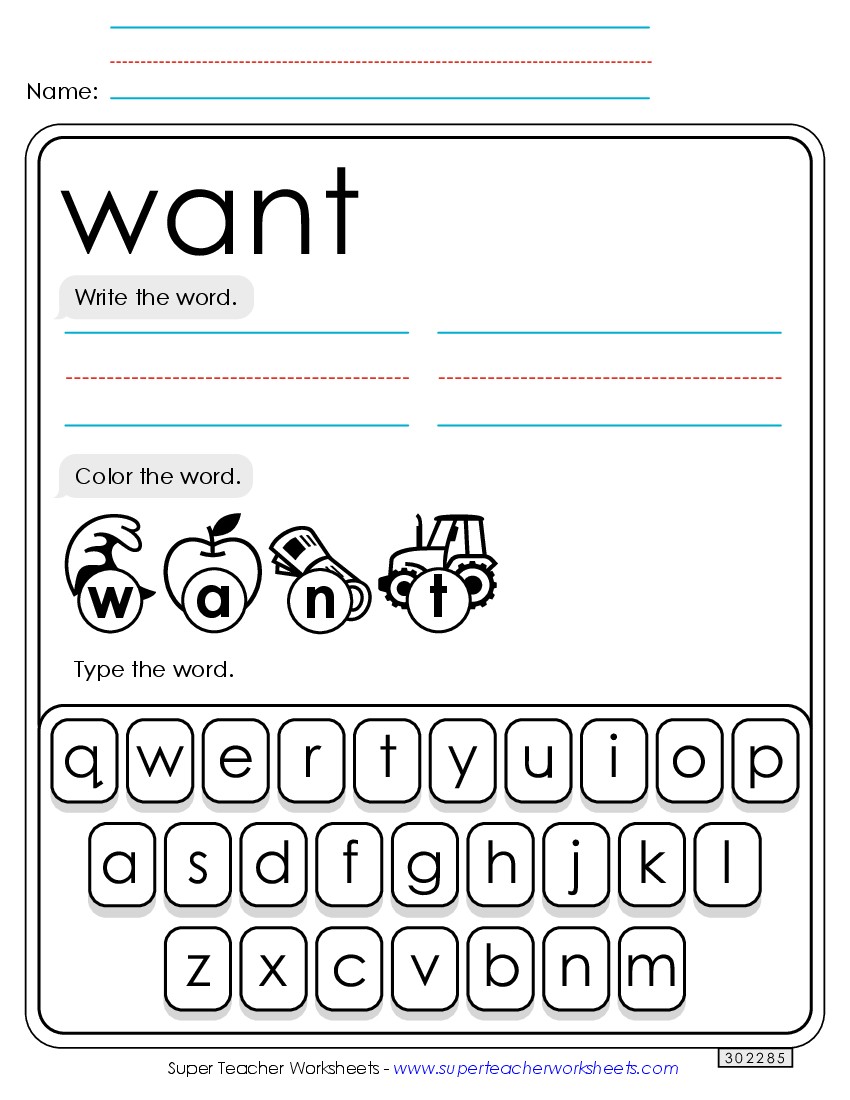 Write, Color, Type: Want Sight Words Individual Worksheet