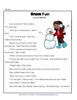 Snow Fun  1st Grade Reading Comprehension Worksheet