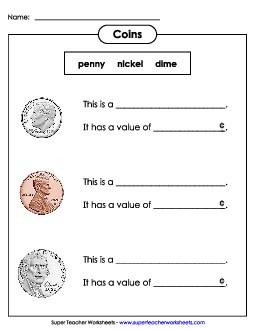 Identifying Coins: Fill in the Blanks (Basic) Counting Money Worksheet