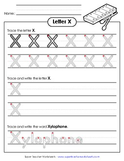 Uppercase X (Outlined Letters) Printing Handwriting Worksheet