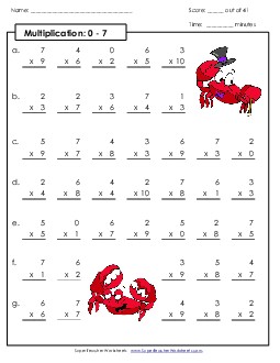 Drill: Basic Facts 0-7 (A) Free Multiplication Worksheet