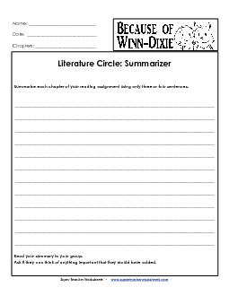 Lit. Circle: Summarizer Book Because Of Winn Dixie Worksheet