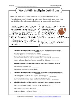 Words With More Than 1 Definition 4th Grade ELA Worksheet