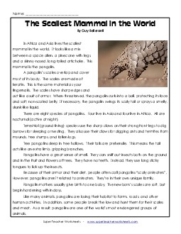 Pangolins 5th Grade Reading Comprehension Worksheet