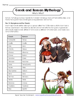 Who\'s Who of Greek and Roman Mythology Greek Mythology Worksheet