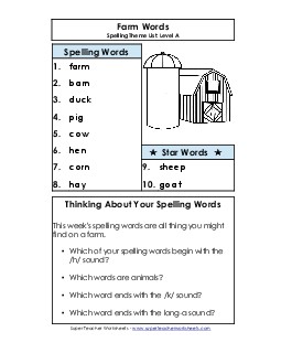 Spelling List (A-Farm Words) Spelling A Worksheet