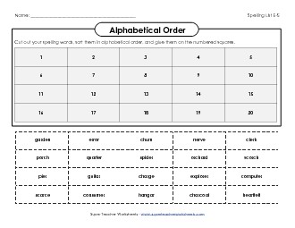 ABC Order: Cut-and-Paste (E-5) Spelling E Worksheet