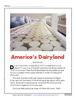 America\'s Dairyland 3rd Grade Reading Comprehension Worksheet