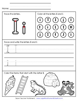 Tracing, Writing, and Recognizing Letter I Alphabet Worksheet