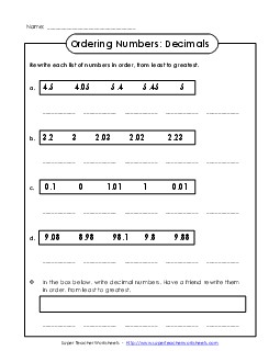 Ordering Worksheet (Up to Hundredths) Comparing Numbers Worksheet