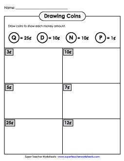 Drawing Coins (Basic) Counting Money Worksheet