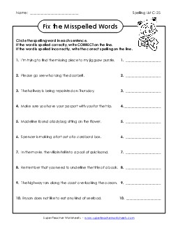 Fix the Misspelled Words (C-25)  Spelling C Worksheet