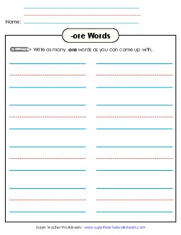 Brainstorm and Write (-ore) Word Families Worksheet